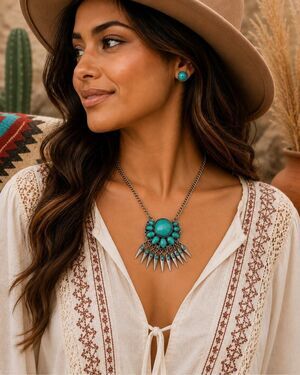 Mia Inspirations Turquoise Boho Southwestern Statement Necklace Earrings Set New